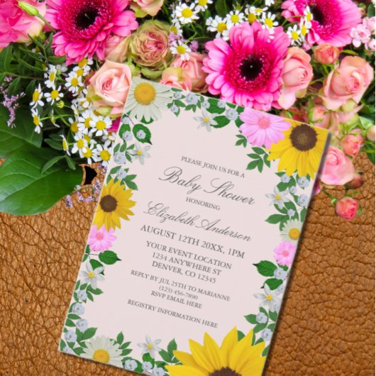 Invitation Baby shower floral rustique Tournesol Daisy