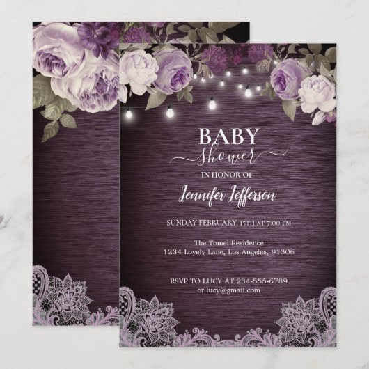 Invitation Baby shower Floral Rustique violet (Devant / Derrière)