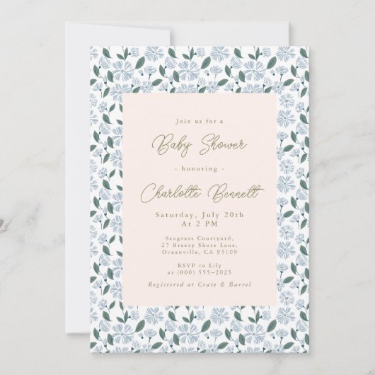Invitation Baby shower floral Sage and Dusty Blue Bloom (Devant)