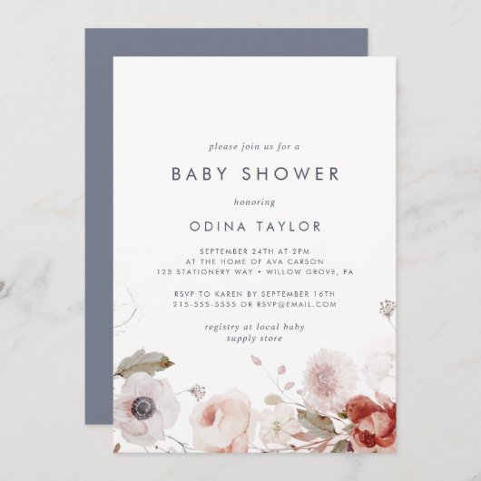 Invitation Baby shower floral simple (Devant / Derrière)