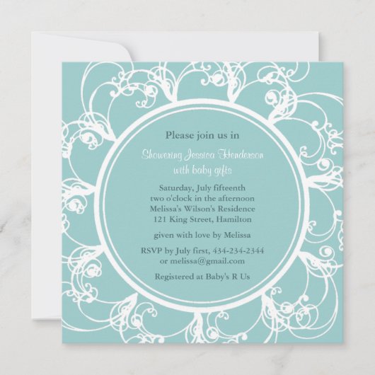 Invitation Baby shower floral soigné (turquoise) (Devant)