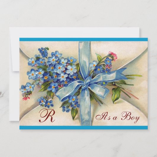 Invitation Baby shower FLORAL STORK BLUE BOW FLEURS MONOGRAM (Devant)