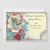 Invitation Baby shower FLORAL STORK BLUE BOW FLEURS MONOGRAM (Dos)