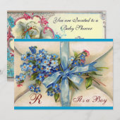 Invitation Baby shower FLORAL STORK BLUE BOW FLEURS MONOGRAM (Devant / Derrière)