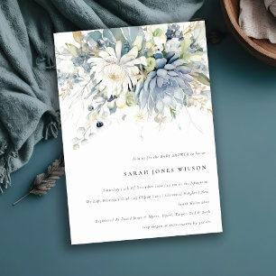 Invitation Baby shower floral Succulent bleu doux