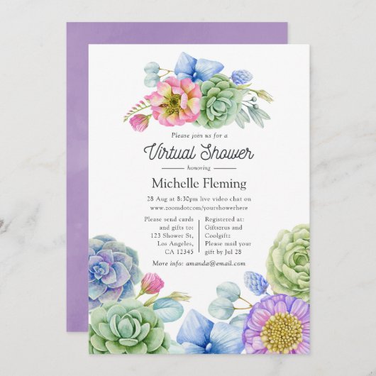 Invitation Baby shower Floral Succulent tendance (Devant / Derrière)