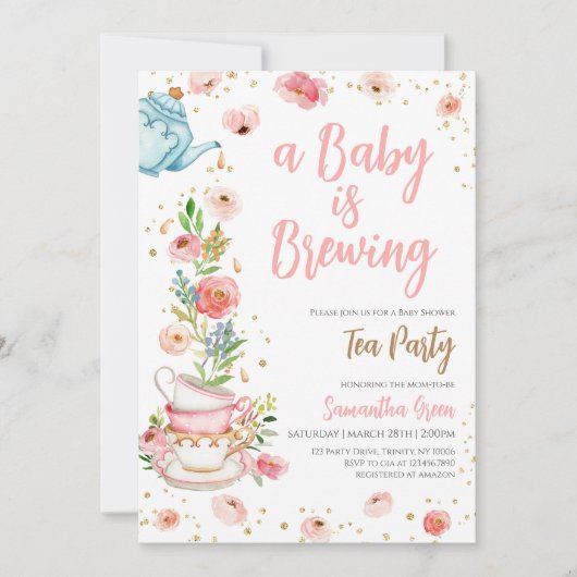 Invitation Baby shower Floral Tea Party (Devant)