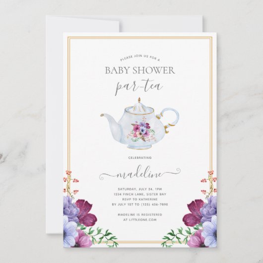 Invitation Baby shower Floral Tea Party (Devant)