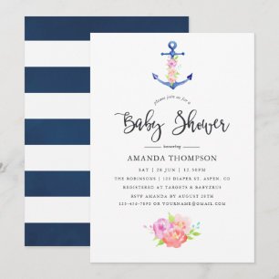 Invitation Baby Shower Floral Thème Nautique Aquarelle