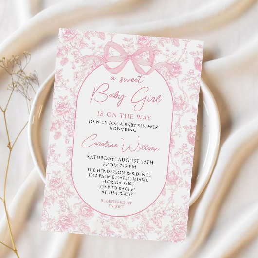 Invitation Baby shower Floral Toile Rose Bow