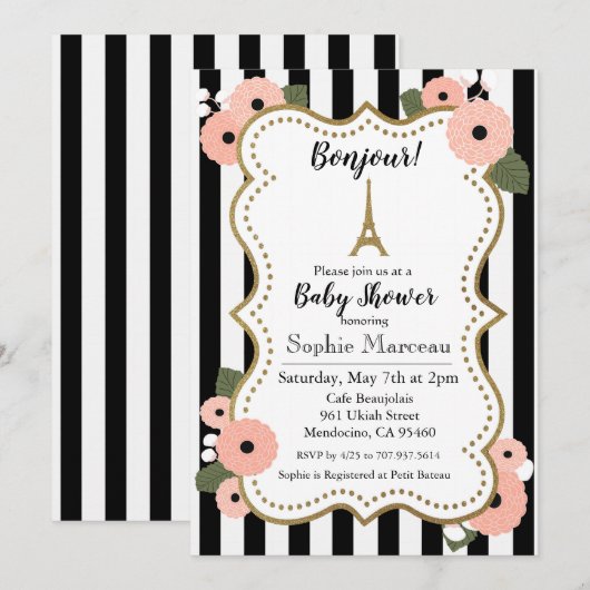 Invitation Baby shower Floral Tour Paris Eiffel (Devant / Derrière)