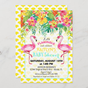 Invitation Baby shower floral tropical de Flamant rose