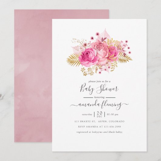 Invitation Baby shower floral tropical rose et or (Devant / Derrière)