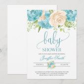 Invitation baby shower floral turquoise et crème moderne et é (Devant / Derrière)