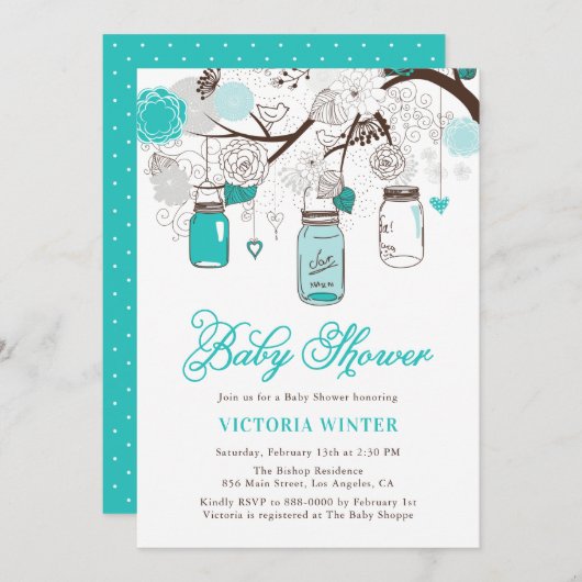 Invitation Baby shower floral Turquoise Hanging Mason Jars (Devant / Derrière)