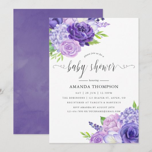 Invitation Baby shower Floral Ultra Violet (Devant / Derrière)