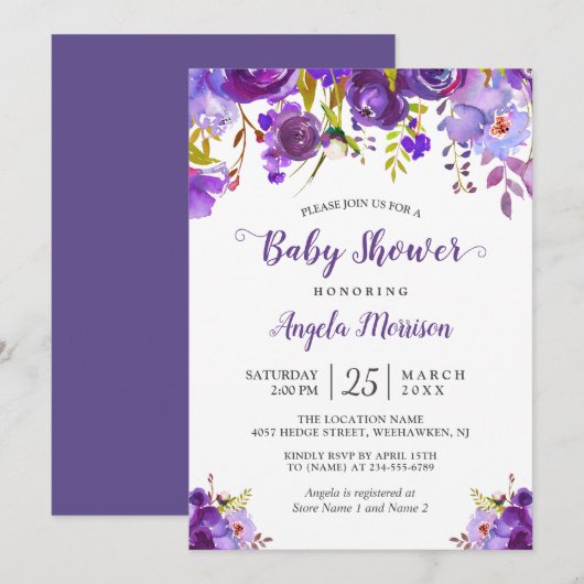 Invitation Baby shower Floral Ultra Violet violet tendance (Devant / Derrière)