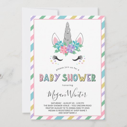 Invitation Baby shower floral Unicorn Pastel (Devant)