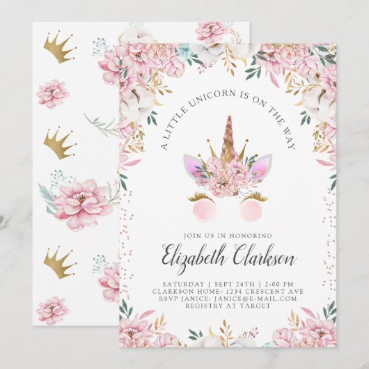 Invitation Baby shower Floral Unicorn Princess (Devant / Derrière)