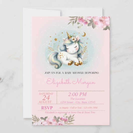 Invitation Baby shower floral Unicorne bébé (Devant)