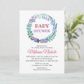 Invitation Baby shower Floral verdure Wreath Bluebell Lilac (Debout devant)
