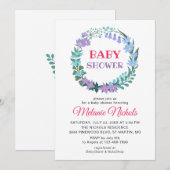 Invitation Baby shower Floral verdure Wreath Bluebell Lilac (Devant / Derrière)