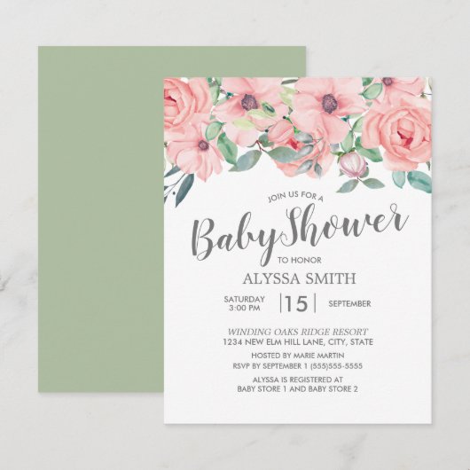 Invitation Baby shower floral vert rose pâle (Devant / Derrière)