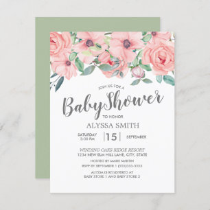 Invitation Baby shower floral vert rose pâle