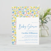 Invitation Baby shower Floral Vintage Bleu Jaune (Debout devant)