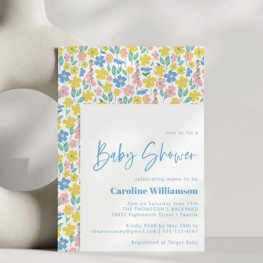 Invitation Baby shower Floral Vintage Bleu Jaune