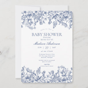 Invitation Baby Shower Floral Vintage Chinoiserie Bleue