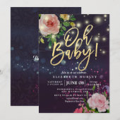 Invitation Baby shower Floral Violet Éclairage à cordes (Devant / Derrière)