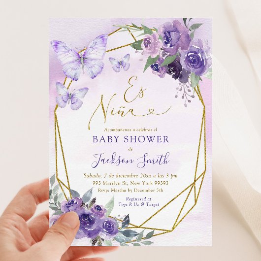 Invitation Baby shower Floral Violet Es Niña Espagnol