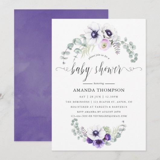 Invitation Baby shower floral violet poussiéreux (Devant / Derrière)