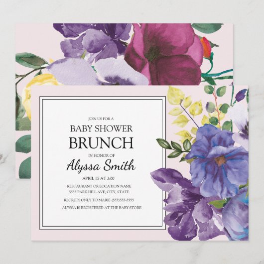 Invitation Baby shower Floral violet rose jaune Brunch (Devant / Derrière)