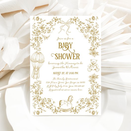 Invitation Baby shower floral Whimsical d'or