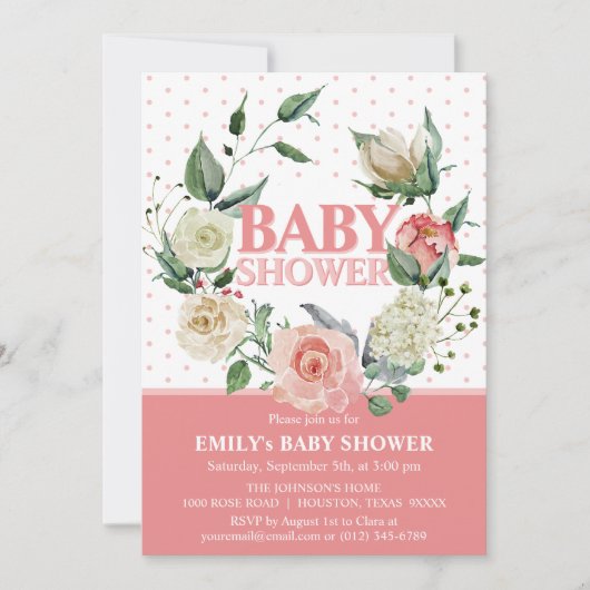 Invitation Baby shower florale de Rose rose (Devant)
