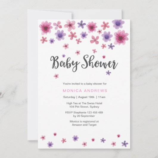 invitation baby shower | Floraux d'aquarelle rose (Devant)