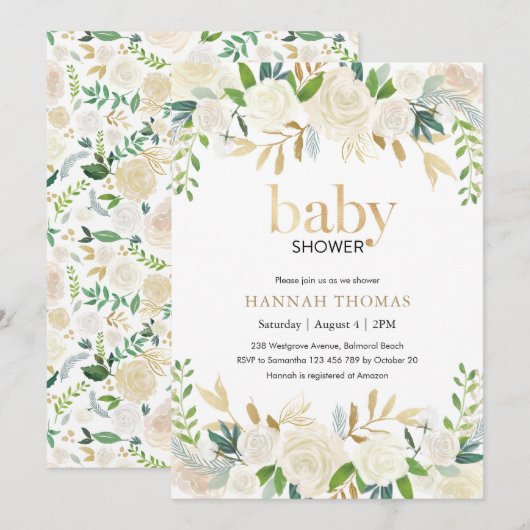 Invitation Baby shower| Flore blanche et or (Devant / Derrière)