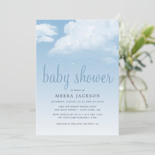 Invitation Baby shower Fluffy Cloud Raindrops (Debout devant)