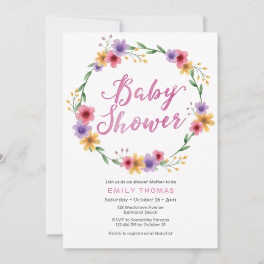 Invitation baby shower | flûtes d'aquarelle rose (Devant)