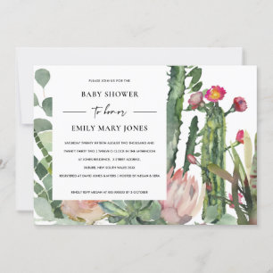 INVITATION BABY SHOWER FOLIAGE FLORAL CACTUS ROSE BLANC BOHO