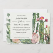 INVITATION BABY SHOWER FOLIAGE FLORAL CACTUS ROSE BLANC BOHO (Devant)