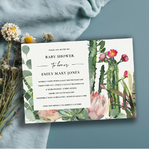 INVITATION BABY SHOWER FOLIAGE FLORAL CACTUS ROSE BLANC BOHO