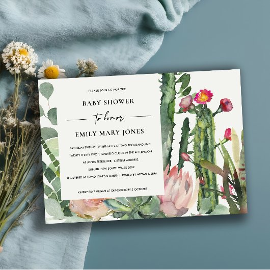 INVITATION BABY SHOWER FOLIAGE FLORAL CACTUS ROSE BLANC BOHO