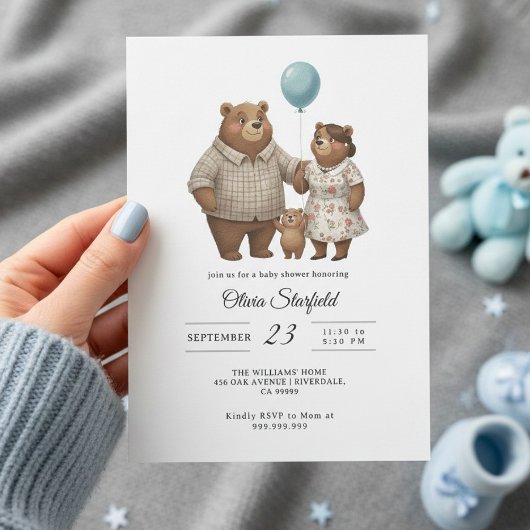 Invitation Baby Shower for Boy Blue Balloon, Teddy Bear 