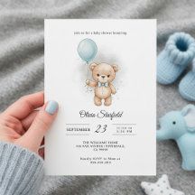 Baby Shower for Boy Blue Balloon, Teddy Bear & Bow