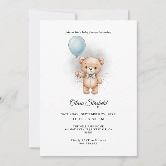 Invitation Baby Shower for Boy Blue Balloon, Teddy Bear & Bow (Devant)