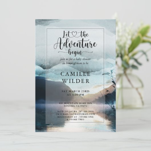 Invitation Baby shower Forest Adventure Mountain Lake (Debout devant)