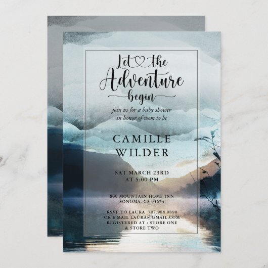 Invitation Baby shower Forest Adventure Mountain Lake (Devant / Derrière)